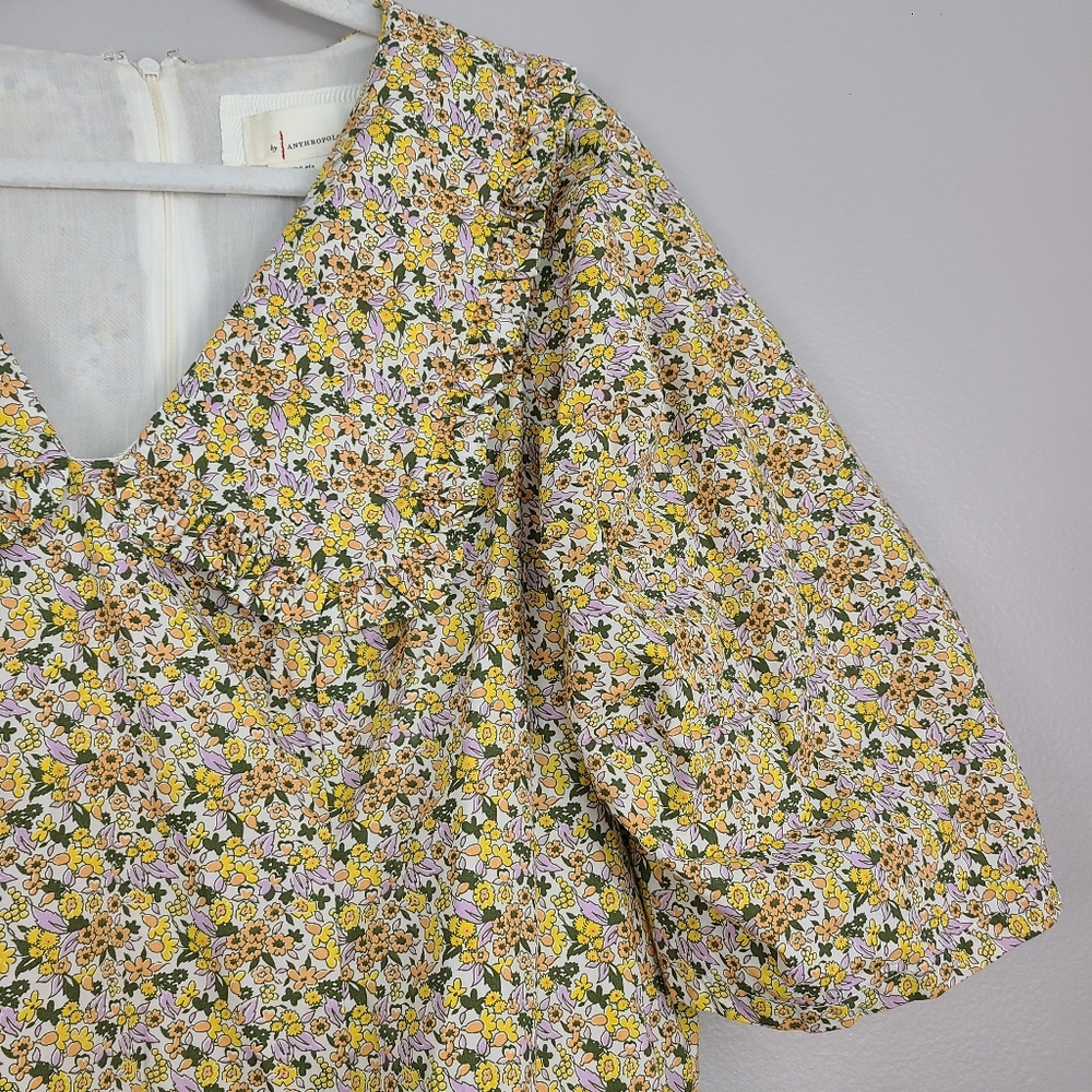 Anthropologie Yellow Lightweight Floral Cotton Collared Puff Sleeve Mini Dress - Picture 13 of 16